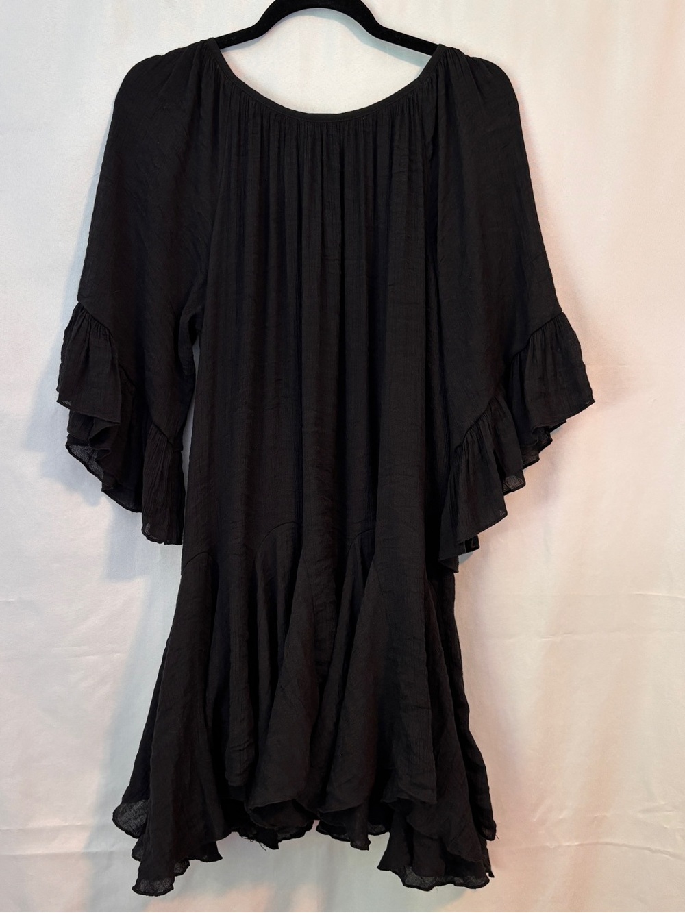 Black Ruffled Bell-Sleeve Women’s Dress ~ Sz M Fairy, Flowy, Layered, Goth, Dark